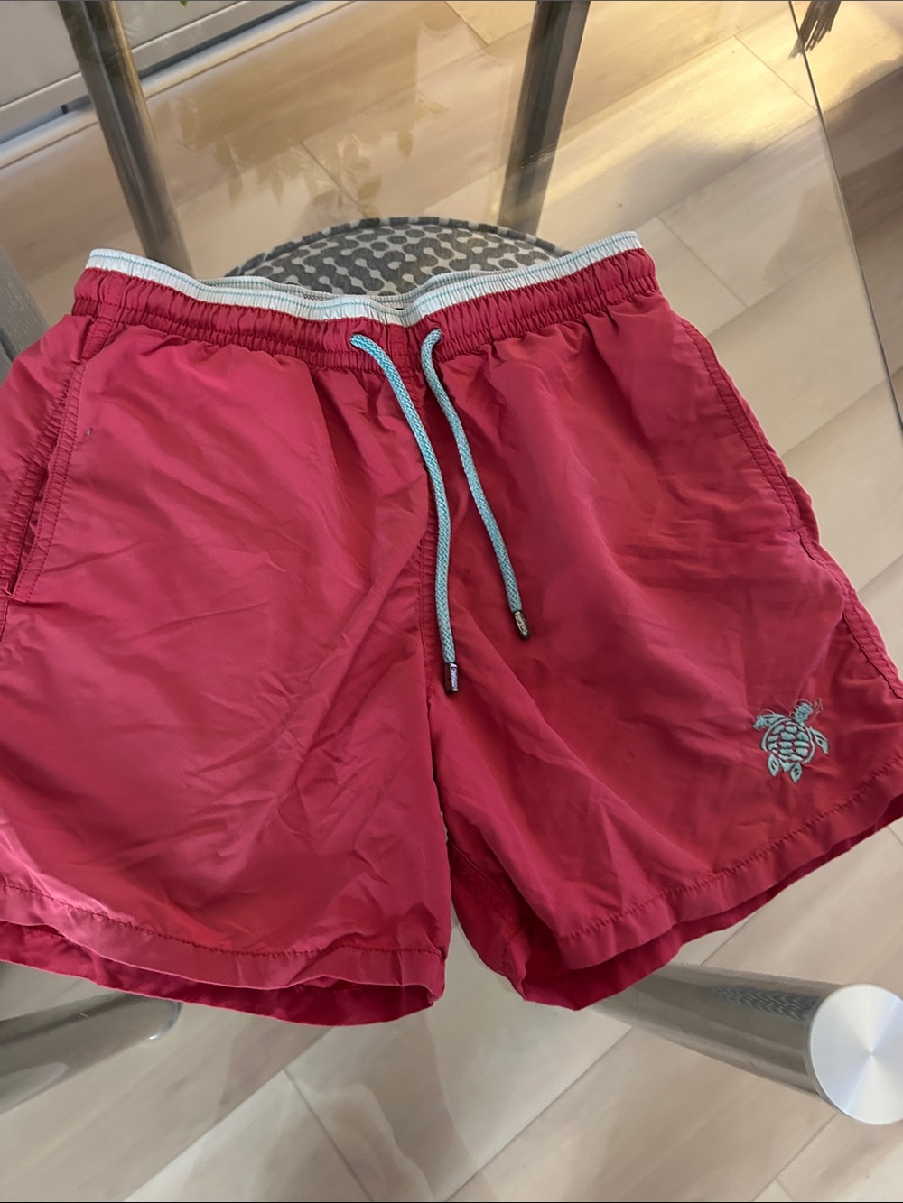 Vilebrequin Light Blue and Red Swim Trunks with Logo Waistband